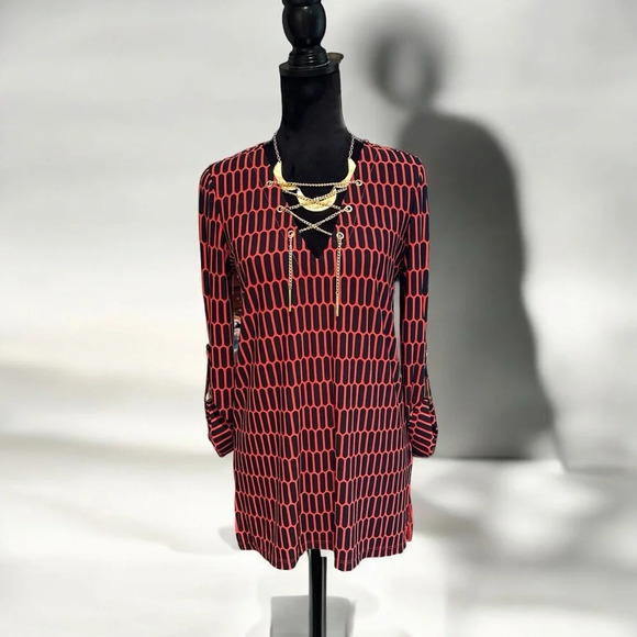 MICHAEL Michael Kors Tops - Michael Michael Kors Red Black Geometric Print Gold chain Lace up tunic top